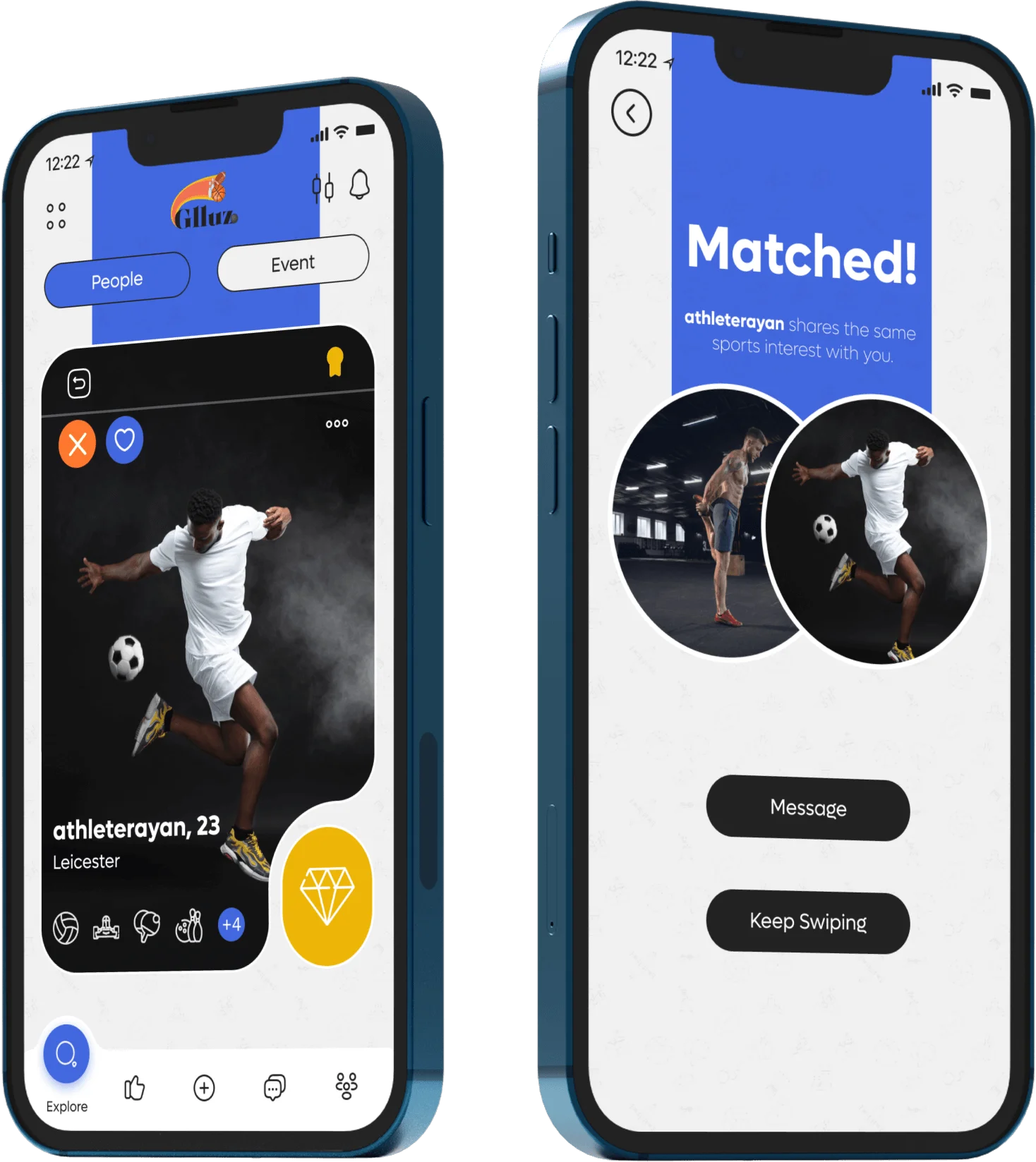 Glluz app showing sports partner matching
